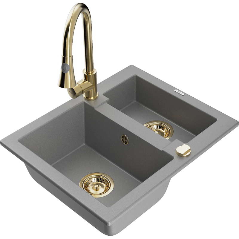 Mexen Carlos 1,5-compartment granite sink with a kitchen mixer tap Elia, Grey - 6518-71-670101-50