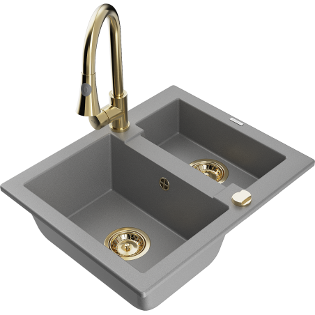 Mexen Carlos 1.5-bowl granite sink with Elia kitchen faucet, gray - 6518-71-670101-50