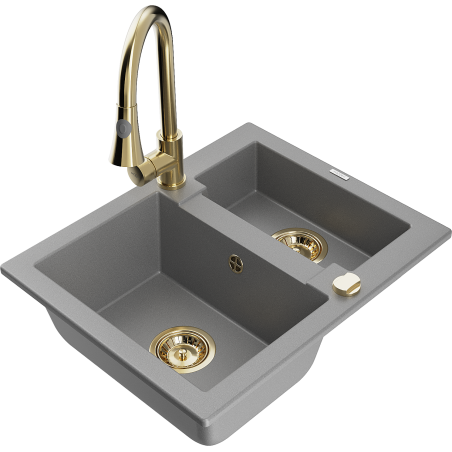 Mexen Carlos granite kitchen sink 1.5-bowl with Elia kitchen tap, grey - 6518-71-670101-50