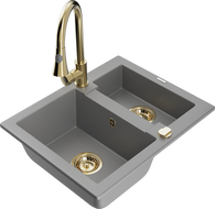 Mexen Carlos granite sink 1.5-bowl with Elia kitchen faucet, gray - 6518-71-670101-50