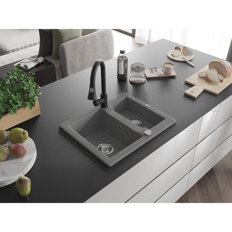 Mexen Carlos 1.5-bowl granite sink with Elia kitchen faucet, gray - 6518-71-670101-70