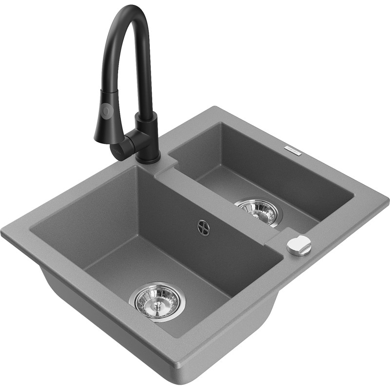 Mexen Carlos 1.5-bowl granite sink with Elia kitchen faucet, gray - 6518-71-670101-70