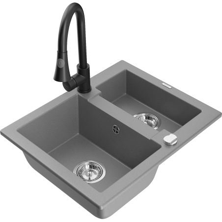 Mexen Carlos 1.5-bowl granite sink with Elia kitchen faucet, gray - 6518-71-670101-70