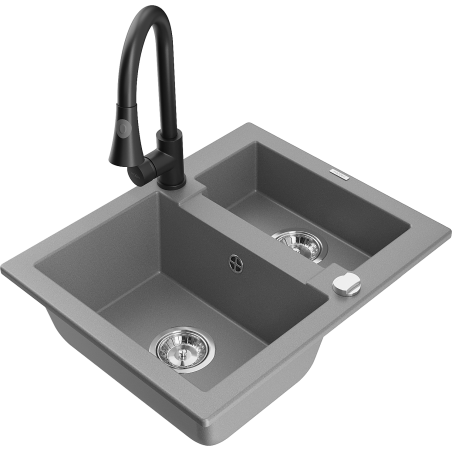 Mexen Carlos granite kitchen sink 1.5-bowl with Elia kitchen faucet, gray - 6518-71-670101-70