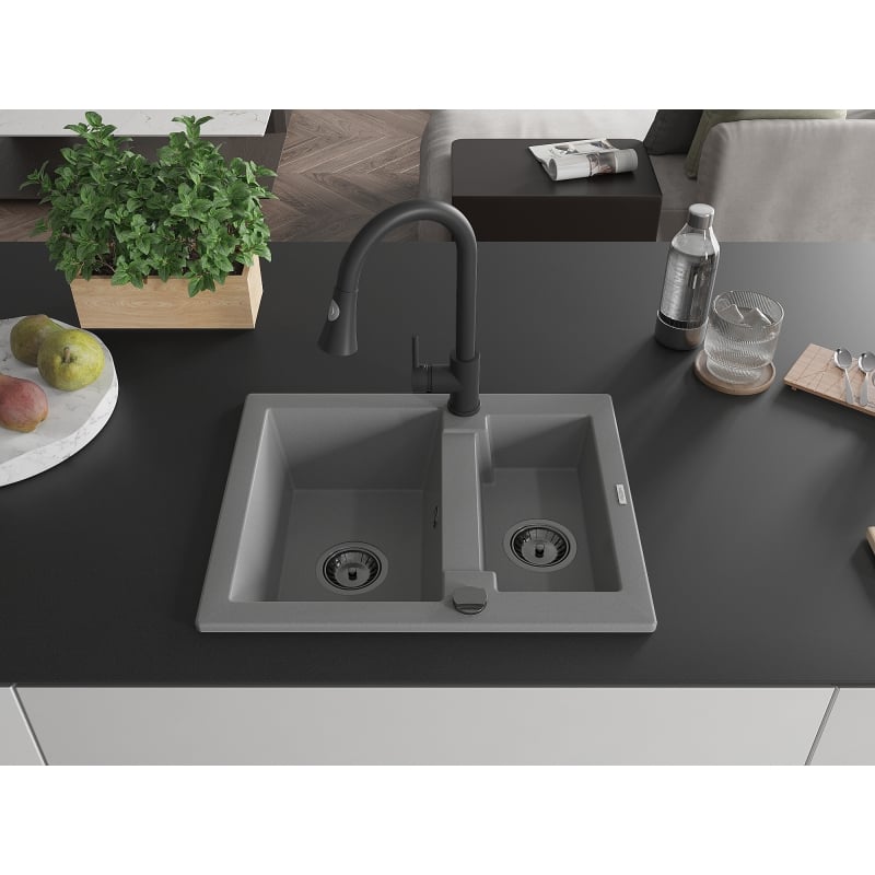 Mexen Carlos granite sink 1.5-bowl with Elia kitchen faucet, gray - 6518-71-670101-70-B