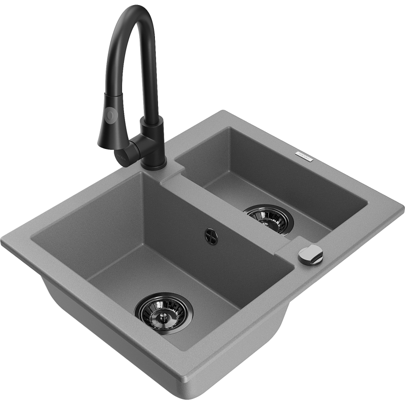 Mexen Carlos 1.5-bowl granite sink with Elia kitchen tap, grey - 6518-71-670101-70-B