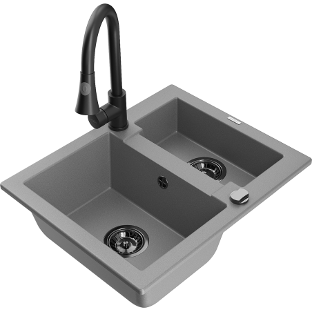 Mexen Carlos 1.5-bowl granite sink with Elia kitchen faucet, gray - 6518-71-670101-70-B