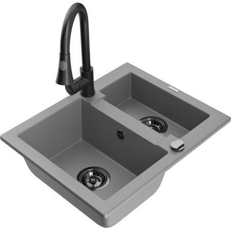 Mexen Carlos 1.5-bowl granite sink with Elia kitchen tap, grey - 6518-71-670101-70-B
