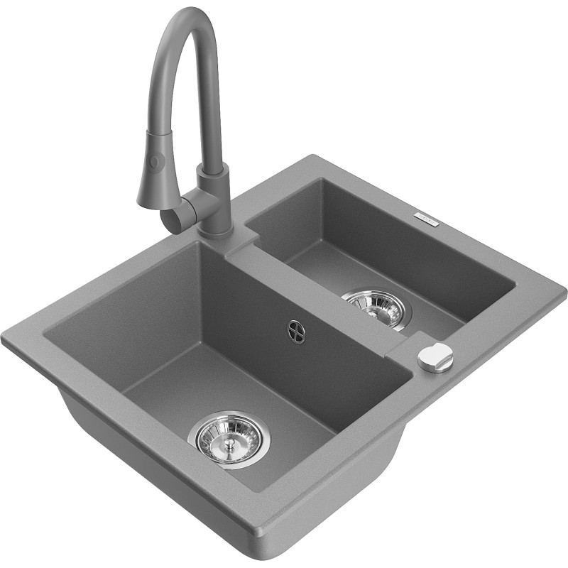 Mexen Carlos granite sink 1.5-bowl with Elia kitchen faucet, gray - 6518-71-670101-71