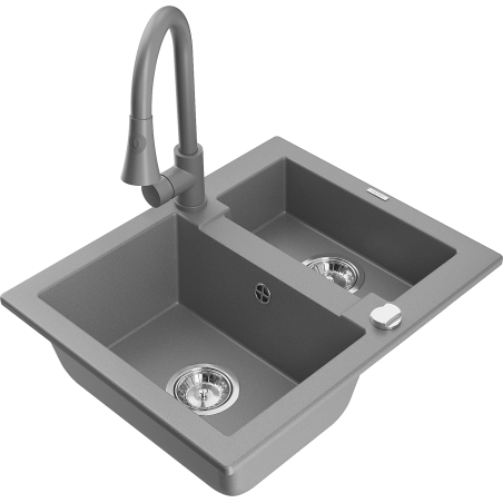 Mexen Carlos granite sink 1.5-bowl with Elia kitchen faucet, gray - 6518-71-670101-71