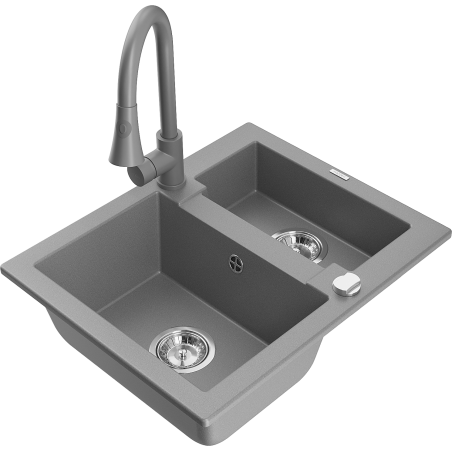 Mexen Carlos granite sink 1.5-bowl with kitchen faucet Elia, gray - 6518-71-670101-71