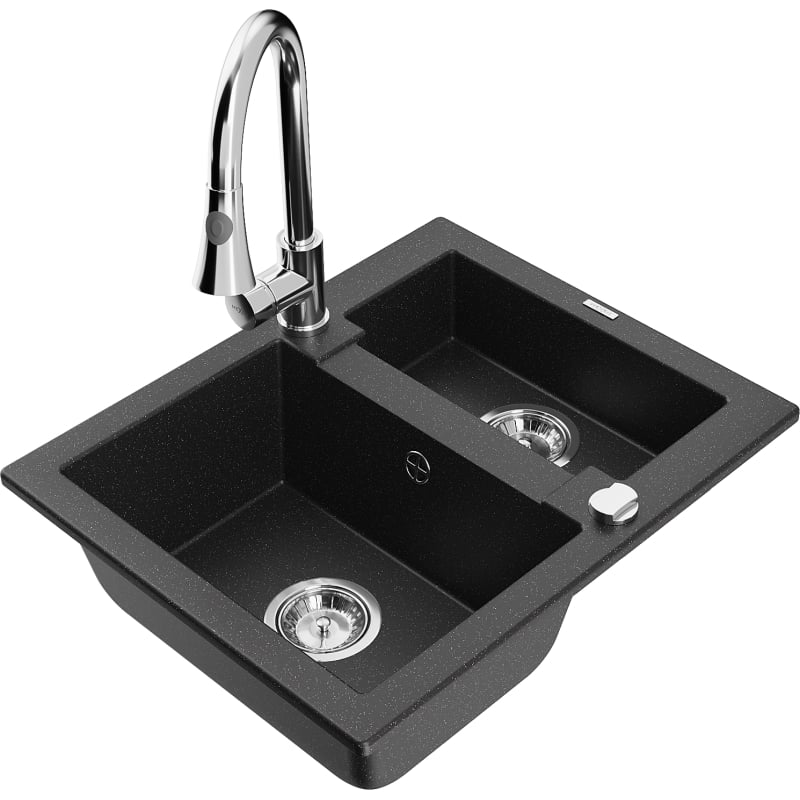 Mexen Carlos granite sink 1.5-bowl with Elia kitchen faucet, black/silver metallic - 6518-73-670101-00