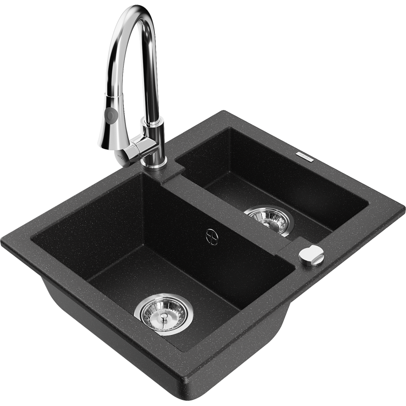 Mexen Carlos granite sink 1.5-bowl with Elia kitchen tap, black/silver metallic - 6518-73-670101-00