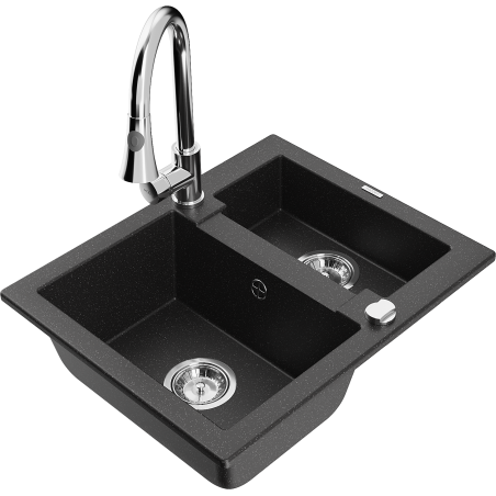 Mexen Carlos 1.5-Bowl Granite Sink with Elia Kitchen Faucet, Black/Silver Metallic - 6518-73-670101-00