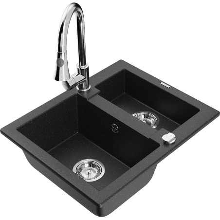Mexen Carlos granite sink 1.5-bowl with Elia kitchen faucet, black/silver metallic - 6518-73-670101-00