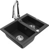 Mexen Carlos granite sink 1.5-bowl with Elia kitchen faucet, black/silver metallic - 6518-73-670101-00