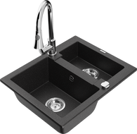 Mexen Carlos granite sink 1.5-bowl with Elia kitchen tap, black/silver metallic - 6518-73-670101-00