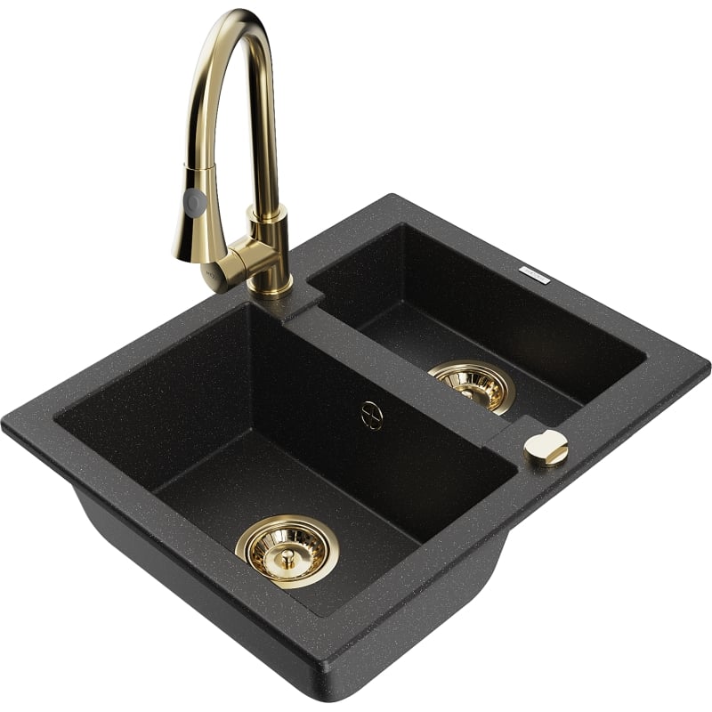 Mexen Carlos granite sink 1.5-bowl with kitchen faucet Elia, black/silver metallic - 6518-73-670101-50