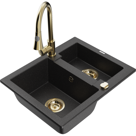 Mexen Carlos 1.5-bowl granite sink with kitchen faucet Elia, black/silver metallic - 6518-73-670101-50
