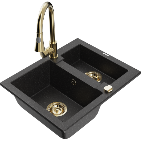 Mexen Carlos granite sink 1.5-bowl with Elia kitchen tap, black/silver metallic - 6518-73-670101-50