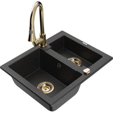 Mexen Carlos granite sink 1.5-bowl with kitchen faucet Elia, black/silver metallic - 6518-73-670101-50