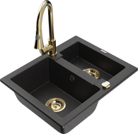 Mexen Carlos granite sink 1.5-bowl with Elia kitchen tap, black/silver metallic - 6518-73-670101-50