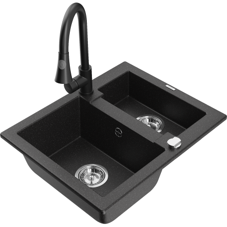 Mexen Carlos granite sink 1.5-bowl with Elia kitchen faucet, black/silver metallic - 6518-73-670101-70