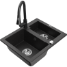 Mexen Carlos 1.5-bowl granite sink with Elia kitchen faucet, black/silver metallic - 6518-73-670101-70