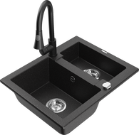 Mexen Carlos granite sink 1.5-bowl with Elia kitchen faucet, black/silver metallic - 6518-73-670101-70
