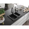 Mexen Carlos 1.5-bowl granite sink with Elia kitchen faucet, black/silver metallic - 6518-73-670101-70-B