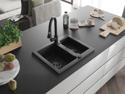 Mexen Carlos granite sink 1.5-bowl with Elia kitchen faucet, black/silver metallic - 6518-73-670101-70-B