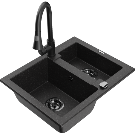Mexen Carlos 1.5-bowl granite sink with Elia kitchen faucet, black/silver metallic - 6518-73-670101-70-B