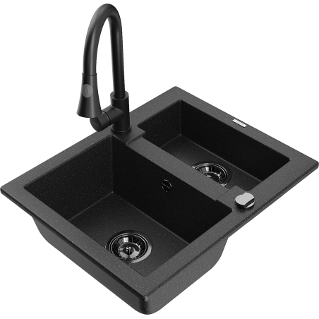 Mexen Carlos granite sink 1.5-bowl with Elia kitchen faucet, black/silver metallic - 6518-73-670101-70-B