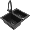Mexen Carlos 1.5-bowl granite sink with Elia kitchen faucet, black/silver metallic - 6518-73-670101-70-B