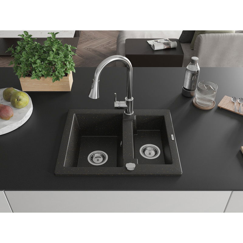 Mexen Carlos 1.5-bowl granite kitchen sink with Elia tap, black/golden metallic - 6518-75-670101-00