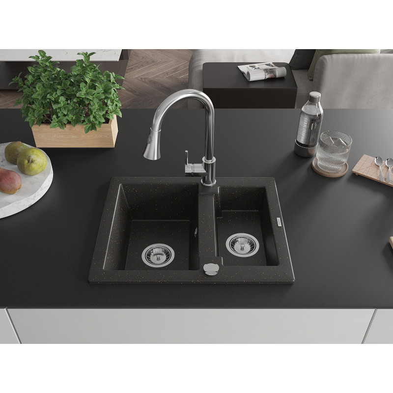 Mexen Carlos 1.5-bowl granite sink with Elia kitchen faucet, black/gold metallic - 6518-75-670101-00