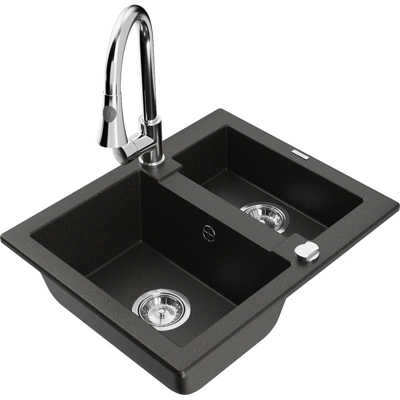Mexen Carlos 1.5-bowl granite kitchen sink with Elia kitchen faucet, black/gold metallic - 6518-75-670101-00