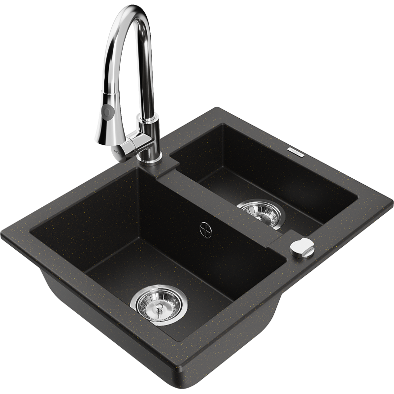 Mexen Carlos 1.5-bowl granite kitchen sink with Elia tap, black/golden metallic - 6518-75-670101-00