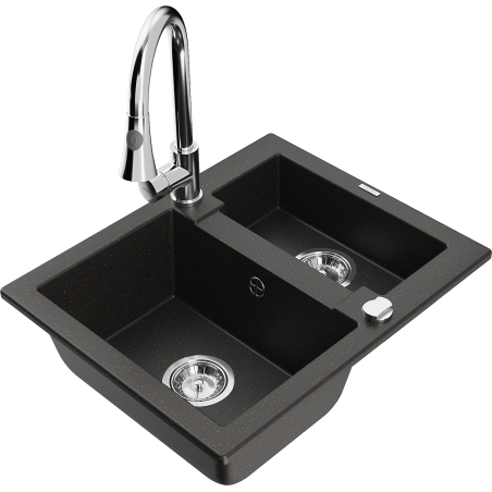 Mexen Carlos 1.5-bowl granite kitchen sink with Elia kitchen faucet, black/gold metallic - 6518-75-670101-00