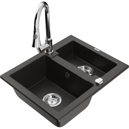 Mexen Carlos 1.5-bowl granite kitchen sink with Elia tap, black/golden metallic - 6518-75-670101-00