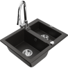 Mexen Carlos 1.5-bowl granite sink with Elia kitchen faucet, black/gold metallic - 6518-75-670101-00
