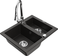Mexen Carlos 1.5-bowl granite sink with Elia kitchen faucet, black/gold metallic - 6518-75-670101-00