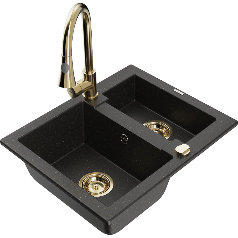 Mexen Carlos 1.5-bowl granite sink with Elia kitchen faucet, black/gold metallic - 6518-75-670101-50