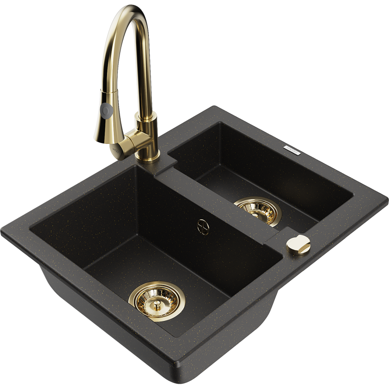 Mexen Carlos 1,5-compartment granite sink with a kitchen mixer tap Elia, Black/Gold metallic - 6518-75-670101-50