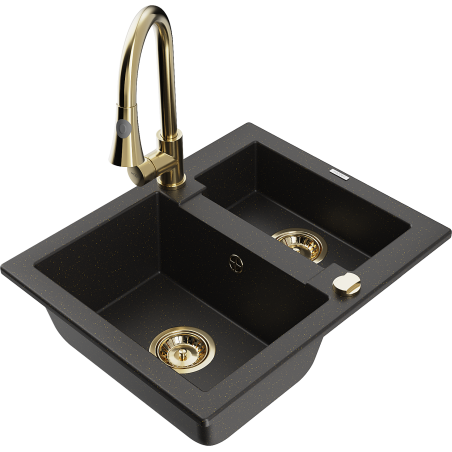Mexen Carlos 1.5-bowl granite sink with Elia kitchen faucet, black/gold metallic - 6518-75-670101-50