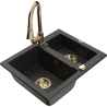 Mexen Carlos 1.5-bowl granite sink with Elia kitchen faucet, black/gold metallic - 6518-75-670101-50