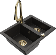 Mexen Carlos 1.5-bowl granite sink with Elia kitchen faucet, black/gold metallic - 6518-75-670101-50