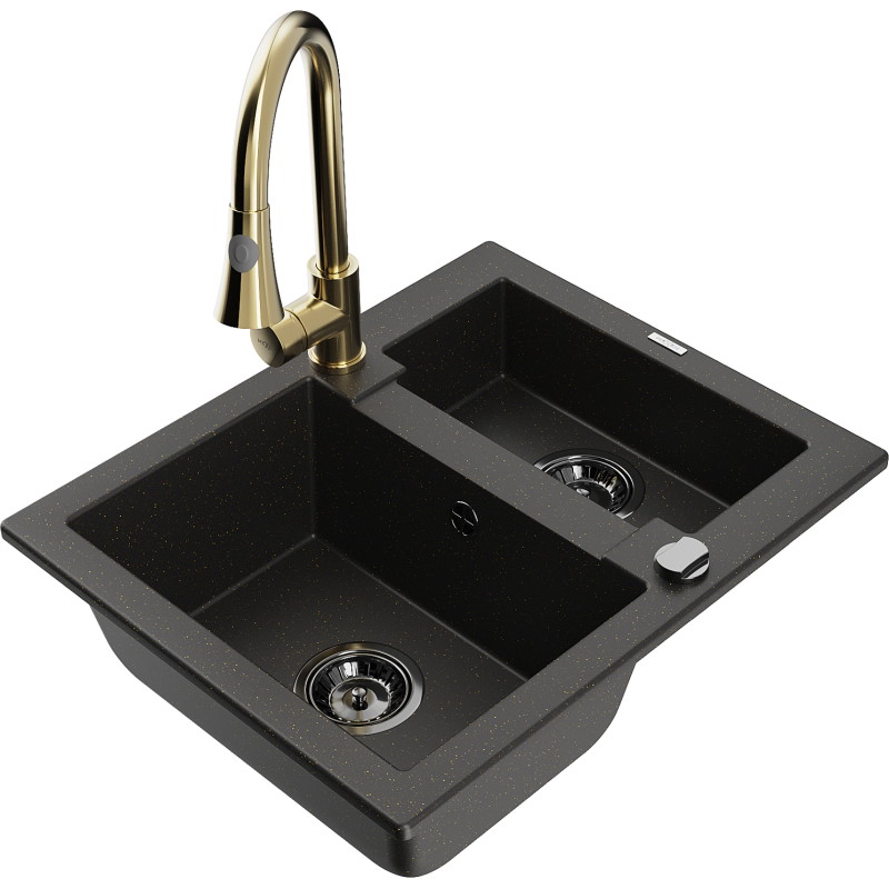 Mexen Carlos 1.5-bowl granite sink with Elia kitchen faucet, black/gold metallic - 6518-75-670101-50-B