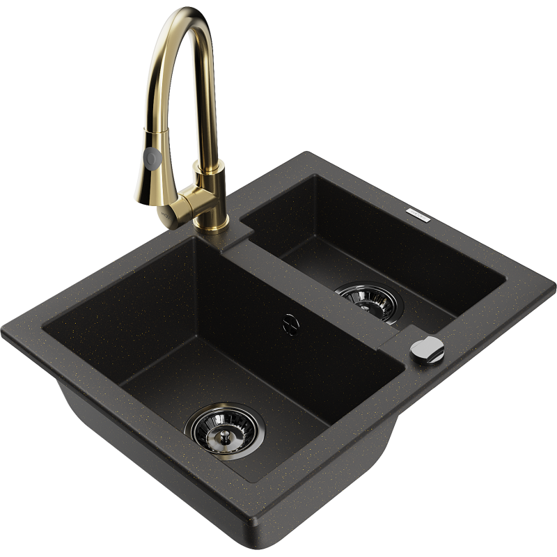 Mexen Carlos 1.5-bowl granite sink with Elia kitchen tap, black/gold metallic - 6518-75-670101-50-B