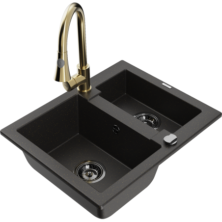 Mexen Carlos 1.5-bowl granite sink with Elia kitchen faucet, black/gold metallic - 6518-75-670101-50-B